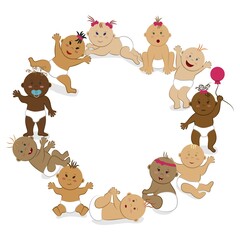 Round frame of multinational toddler boys and girls in different poses. Vector template with copy space from babies with multi-colored hair, skin and eyes