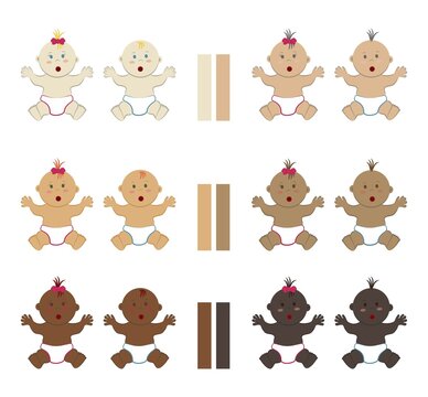 Set of surprised multicolored sitting babies. Vector cliparts of multinational assorted naked toddler boys and girls wearing diapers