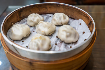 Soup dumplings in bamboo cages, a traditional snack in Nanjing, China