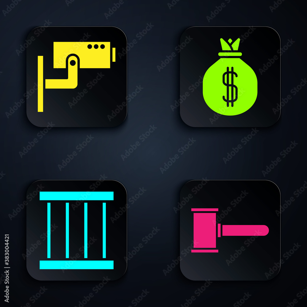 Poster set judge gavel, security camera, prison window and money bag. black square button. vector.