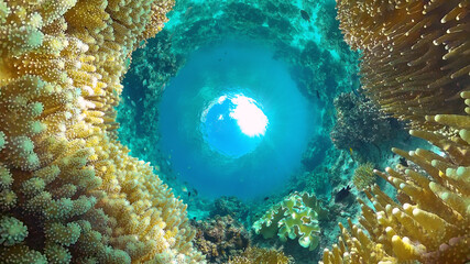 The underwater world of coral reef with fishes at diving. Coral garden under water. Panglao, Bohol, Philippines. © Alex Traveler