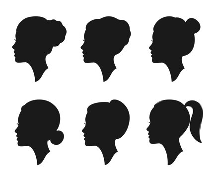 Woman profile silhouette with different hairstyles. Female portrait. Beautiful female face in profile.