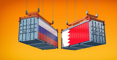 Freight containers with Russia and Bahrain national flag. 3D Rendering