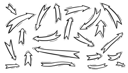 Ribbon arrow sketch. Hand drawn black-and-white arrow ribbon arrow stickerst set various angle and direction. Vector flying pointer icon pack illustration. Doodle pencil sketch design element