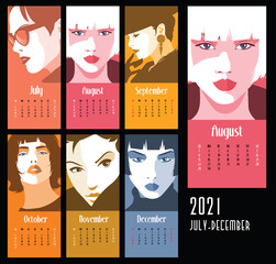 Vector of 2021 new year calendar with fashion women in Pop art style. January-June