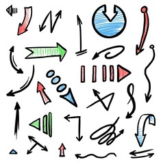 Scribbled color arrow. Hand drawn scribbled color arrow mark different shape, size and form isolated icon set on white background. Vector business info graphic design element illustration