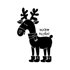 Hand drawn vector illustration with a Moose. Hand written lettering Warm wishes. Design element for Happy New Year and Christmas greeting card