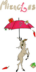Vector illustration of a magic deer under an umbrella with gifts in the style of the new year. Fashion illustration isolated on white background.
For printing on packaging, menus, clothes, logo