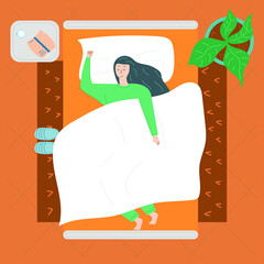 Young woman sleeping alone on the bed and smiling. Modern flat illustration.
