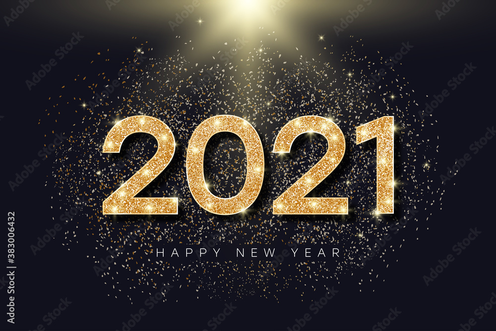 Poster 2021 number with golden glitter for new year. holiday banner for new year and merry christmas with g