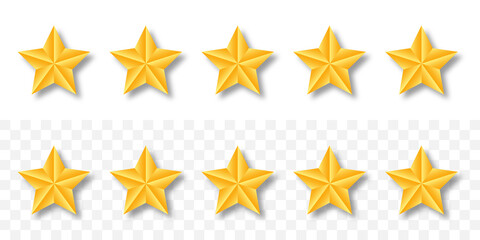 Gold raiting stars. 5 golden star set with shadow on transparent background. Customer feedback concept. Vector.