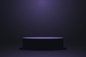 Realistic violet platform, dark purple stage with empty pedestal. 3d round podium for product display show or place for presentation. Vector.