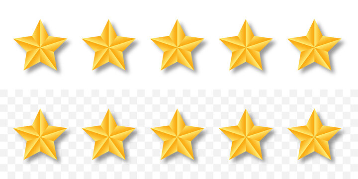 Gold raiting stars. 5 golden star set with shadow on transparent background. Customer feedback concept. Vector.