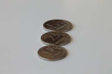 Russian coins on a white background. Ruble.