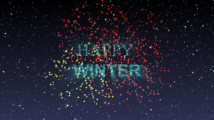 Firework Happy winter sparkling year lettering with fireworks sparks particles background. Merry Christmas and Happy New Year background. Winter christmas backdrop in the sky for celebration holiday.