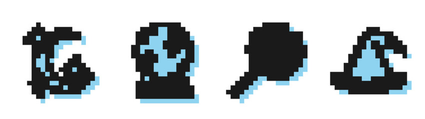 Obraz premium Set line Magic wand, Moon and stars, Magic ball and Witch hat icon. Vector.