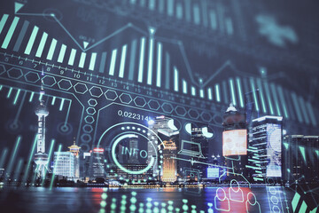 Double exposure of technology theme hologram and cityscape background. Concept of Hightech.