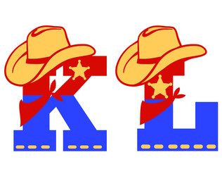 English alphabet. Vector illustration of letter K and L with western decoration Cowboy hat and sheriff star isolated on white background. Cowboy baby cartoon party style characters