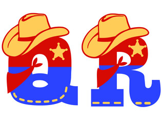 English alphabet. Vector illustration of letter Q and R with western decoration Cowboy hat and sheriff star isolated on white background. Cowboy baby cartoon party style characters