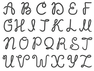 Rope alphabet. Vector illustration of Letters made from nautical rope isolated on white. Hand written font