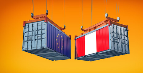 Freight containers with Peru and European Union flag. 3D Rendering