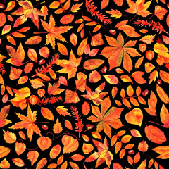 Watercolour repeat print with autumn leaves, on a black background