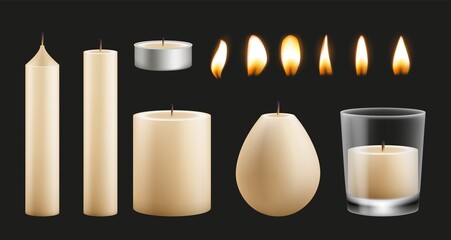 Candles kit design. Realistic wax base of different shapes and flames. Burning lights vector set. Illustration fire candle, candlelight realistic - obrazy, fototapety, plakaty
