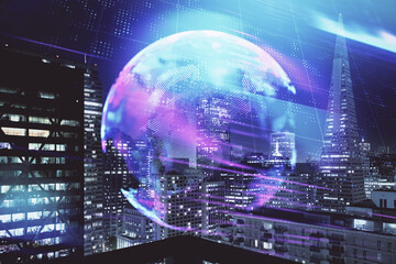 Fototapeta premium Double exposure of technology theme hologram and cityscape background. Concept of Hightech.