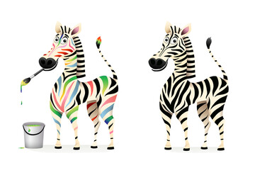 Funny colorful drawing zebra artist and black and white zebra cartoon for kids. African animal character design, 3d vector cartoon graphic. © Popmarleo