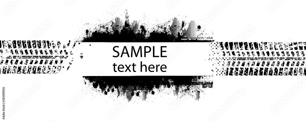 Poster Vector Print Textured Tire Track . Design Element . Car tread silhouette . Mud splash grunge texture. Tyre track banner .