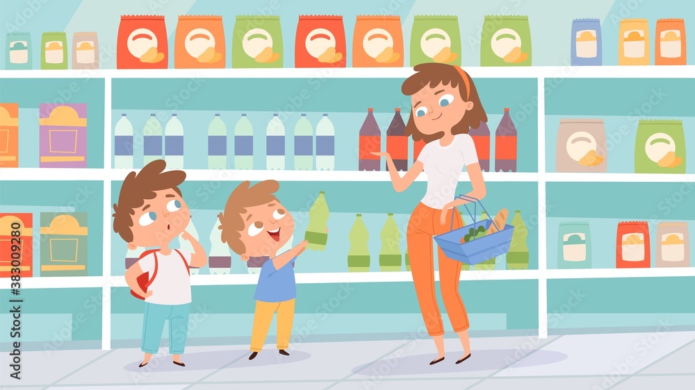 Sticker Family in grocery store. Mother son shopping in supermarket. Children choose drinks vector illustration. Supermarket interior and family with children