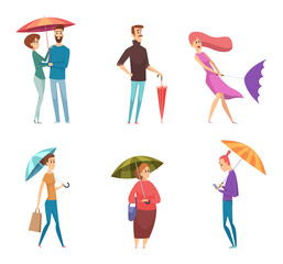 Umbrella people. Depressed characters in raining day holding and walking with umbrellas vector adults. Illustration people with umbrella, rain and wind