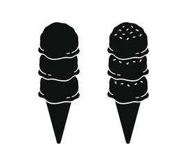 Triple scoop ice cream on cone silhouette set.  Simple flat vector icon design.