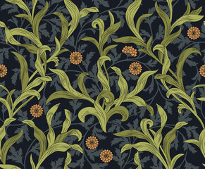Floral seamless pattern with green leaves and orange flowers on dark background. Vector illustration. - 383010004