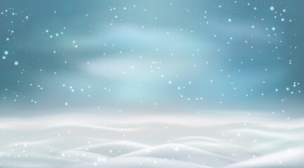 Snowstorm and snowy landscape, winter snowdrifts with flying snow. Vector illustration.