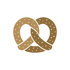Golden brown pretzel with sesame seeds logo. 3 colors. Simple flat vector icon design.