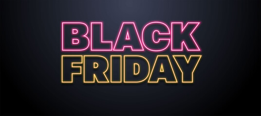 Black Friday Super Sale. Dark background with neon text black friday. Horizontal banner, poster, website header. vector illustration
