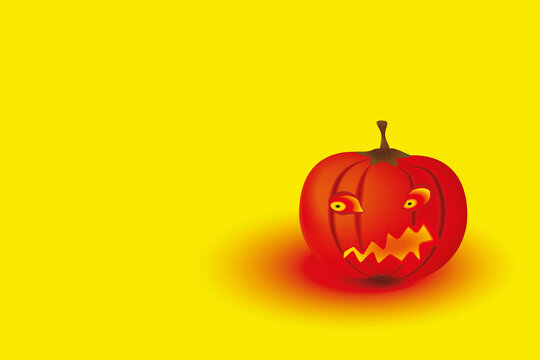 Gelbe Halloween Karte mit einem Kürbisgeist auf leuchtend gelben Hintergrund.