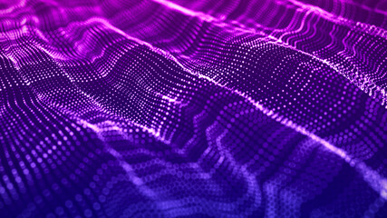 Abstract wave with moving dots. Flow of particles. Cyber technology illustration. 3d rendering