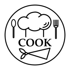 Chef logo design. Spoon and fork with chef's hat and neck scarf, chef's attributes. Vector logo badge. For logo design of restaurant, menu, cafe, pizzeria or diner.