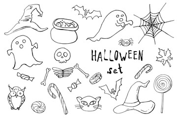 Happy halloween cartoon doodle line set. Greeting card. Vector stock collection. Cute carachters with lettering. Holiday party background. Hand drawn design elements. For postcards, greetings, logo.  - 383011832