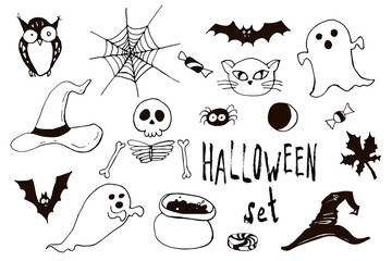 Happy halloween cartoon doodle set. Greeting card. Vector stock collection. Cute carachters with lettering. Holiday night party background. Hand drawn design elements. For postcards, greetings, logo.  - 383012003