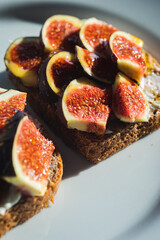 Fig pieces with cheese on rustic bread.