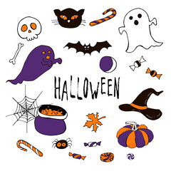 Happy halloween night cartoon doodle set. Greeting card. Vector stock collection. Cute carachters with lettering. Holiday party background. Hand drawn design elements. For postcards, greetings, logo.  - 383012414