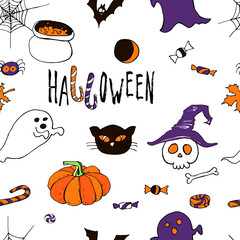 Happy halloween cartoon doodle seamless texture. Vector stock cute pattern. Cute ghost carachters. Holiday party  background. Hand drawn design elements. For postcards, greetings, logo. - 383012625