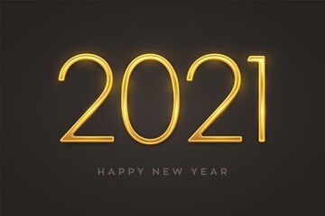 Happy New 2021 Year. Golden metallic luxury numbers 2021. Realistic sign for greeting card. Festive poster or holiday banner design. Vector illustration.