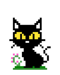8 bit Pixel black cat image. Animal in Vector Illustration.