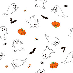 Happy halloween ghost cartoon doodle  seamless  pattern texture. Vector stock. Cute ghost carachters. Holiday party  background. Hand drawn design elements. For postcards, greetings, logo. - 383013062