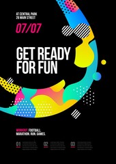 Poster design with abstract colored shapes on black background for fun event, party or competition.