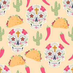 Seamless Mexican pattern with skull, taco, cactus and chill pepper vector background. Perfect for wallpapers, Mexican pattern fills, web page backgrounds, surface textures, Mexican textile